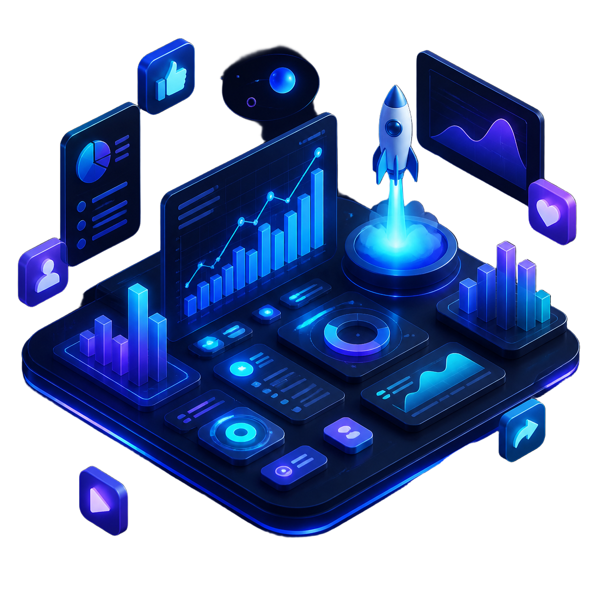 3D illustration of a digital marketing analytics dashboard with growth charts and a launching rocket